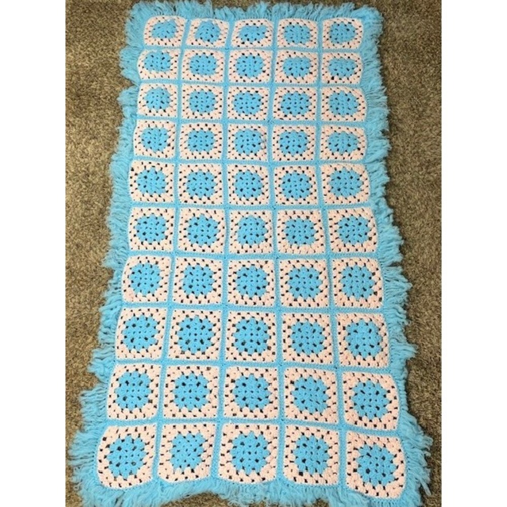 Vintage Granny Square Crochet Blanket Baby Blue Pink Afghan Throw 69x35